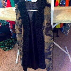 Camo duster with exaggerated trim